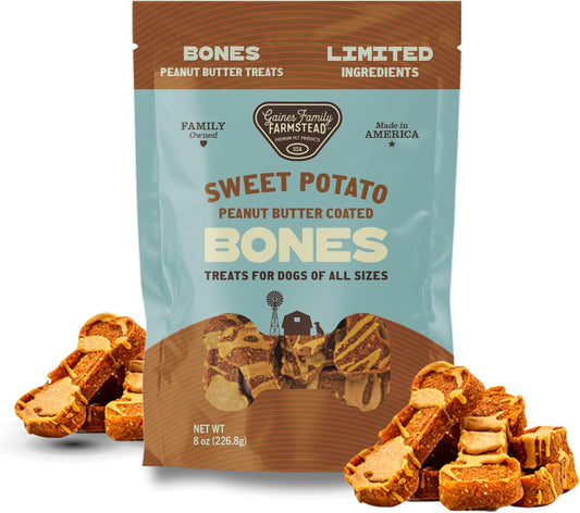 Gaines Family Farmstead Peanut Butter Coated Sweet Potato Dog Bones – 8 oz Bag, Grain-Free, Chewy, Natural Dog Treats for Digestion, Skin, Energy & Immunity – Limited Ingredient, Made in USA