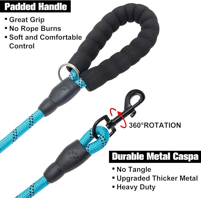 BEAUTYZOO Heavy Duty Rope Dog Leash 6 Pack, 6FT Nylon Pet Leash with Reflective Thread, Soft Padded Handle Thick Lead Leash for Large Medium Dogs Small Puppy, 1/2inch X 6 FT (18~120 lbs)