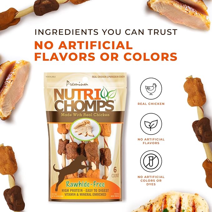 NutriChomps Dog Chews, 5-inch Kabobs, Easy to Digest, Rawhide-Free Dog Treats, 6 Count, Real Chicken and Duck flavor