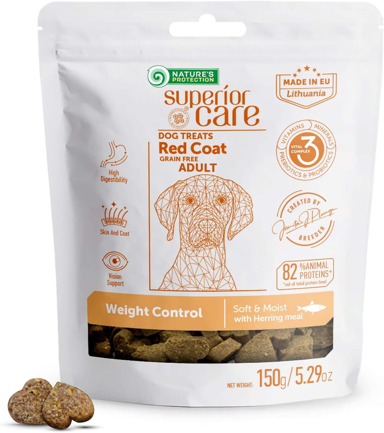 Nature's Protection Grain Free Low Calorie Dog Treats - Training Dog Treats for Adult Small, Medium & Large Breed Dogs with Red Fur (Superior Care - Herring, 5.29 oz)
