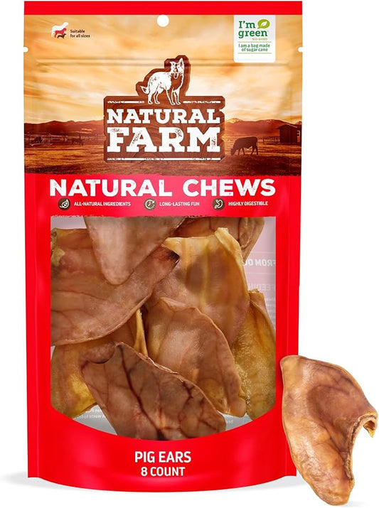 Natural Farm Pig Ears for Dogs (8-Count), One Ingredient: Natural Whole Pigs Ears, Air Dried, Long-Lasting & Highly Digestible Treats, Great for Puppy and Large/Medium Dogs