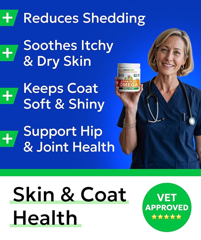 BARK&SPARK Advanced Omega-3 Collagen for Dogs - 180 Fish & Salmon Oil Treats for Dog Shedding, Skin Allergy Chews, Itch Relief, Hot Spots Treatment - Jointm Skin & Coat Supplement, EPA&DHA Fatty Acids
