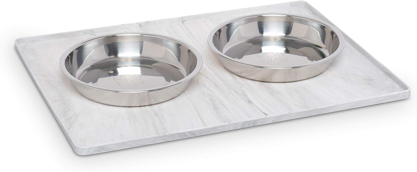 Messy Mutts & Cats Silicone Non-Slip Pet Bowl Mat with Raised Edge | 16” x 12” Dog/Cat Bowl Mat with Spill-Proof Lip | Marble
