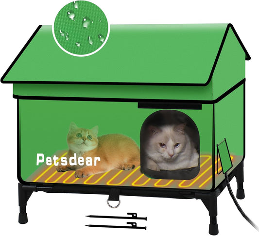 Heated Outdoor Cat House for Winter - Large, Weatherproof, Extremely Waterproof, Insulated Outside Shelter for Multiple Feral Cats (Green)
