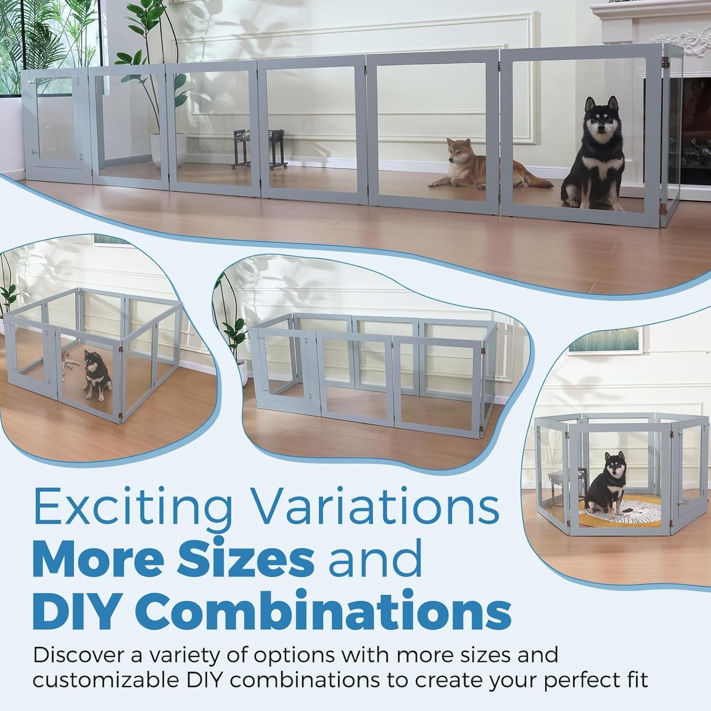 Heavy Duty Clear Acrylic Dog Playpen, Transparent Pet Pen, Metal Frame Easy Assemble Kennel Enclosure, Ideal for Small to Medium Dogs, Cats, and Other Small Pets (Grey, 6 Panels with Door)