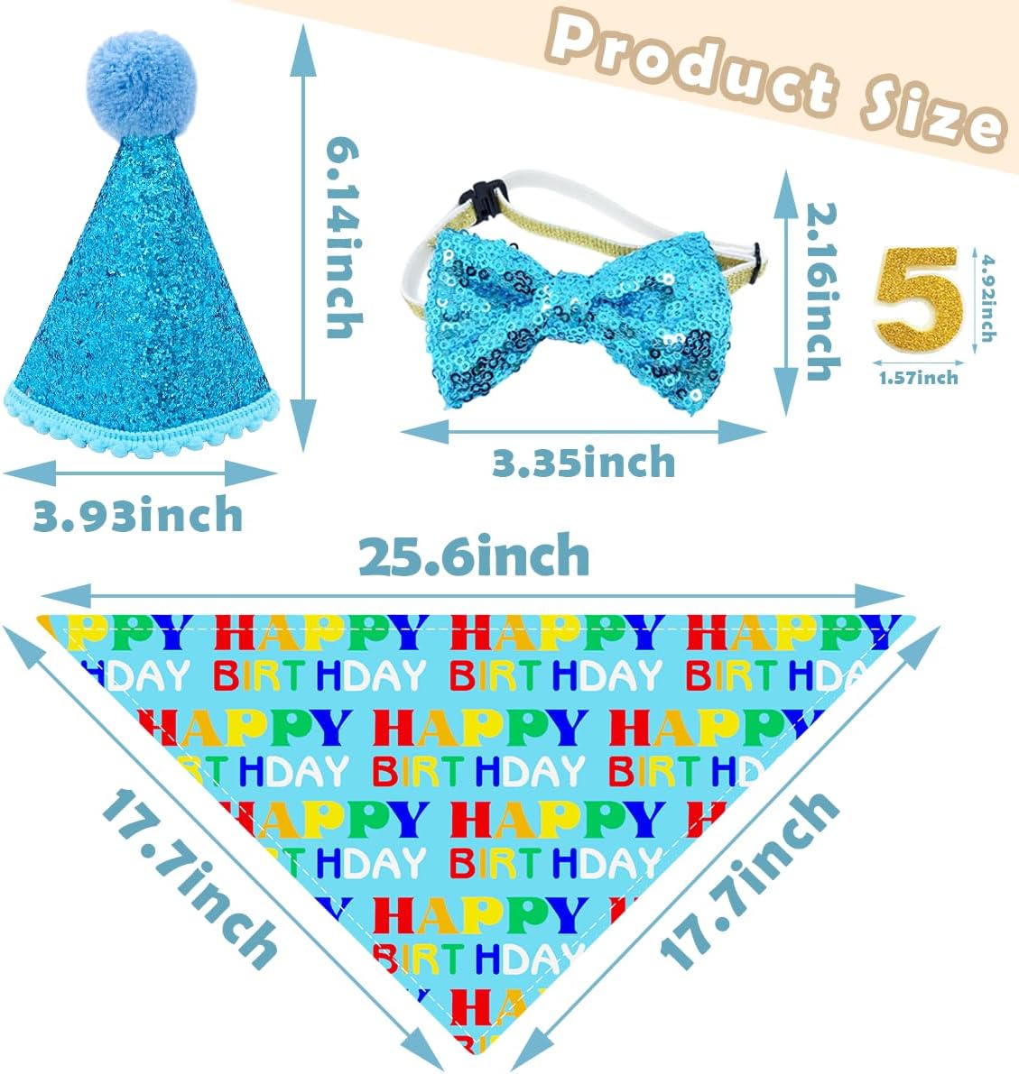 PET SHOW 3Pcs Blue Small Dog Birthday Bandana Set for Boys Female with Puppy Cone Hat and Sequin Bowtie Cat Party Supplies for Dogs Cats Puppies