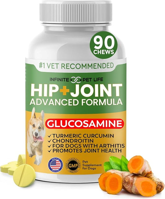 Advanced Hip and Joint Supplement for Dogs All Breeds - Glucosamine for Dogs Mobility & Pain Relief - All Natural Chondroitin, MSM & Turmeric Dog Joint Supplement - 90 Chewable Tablets