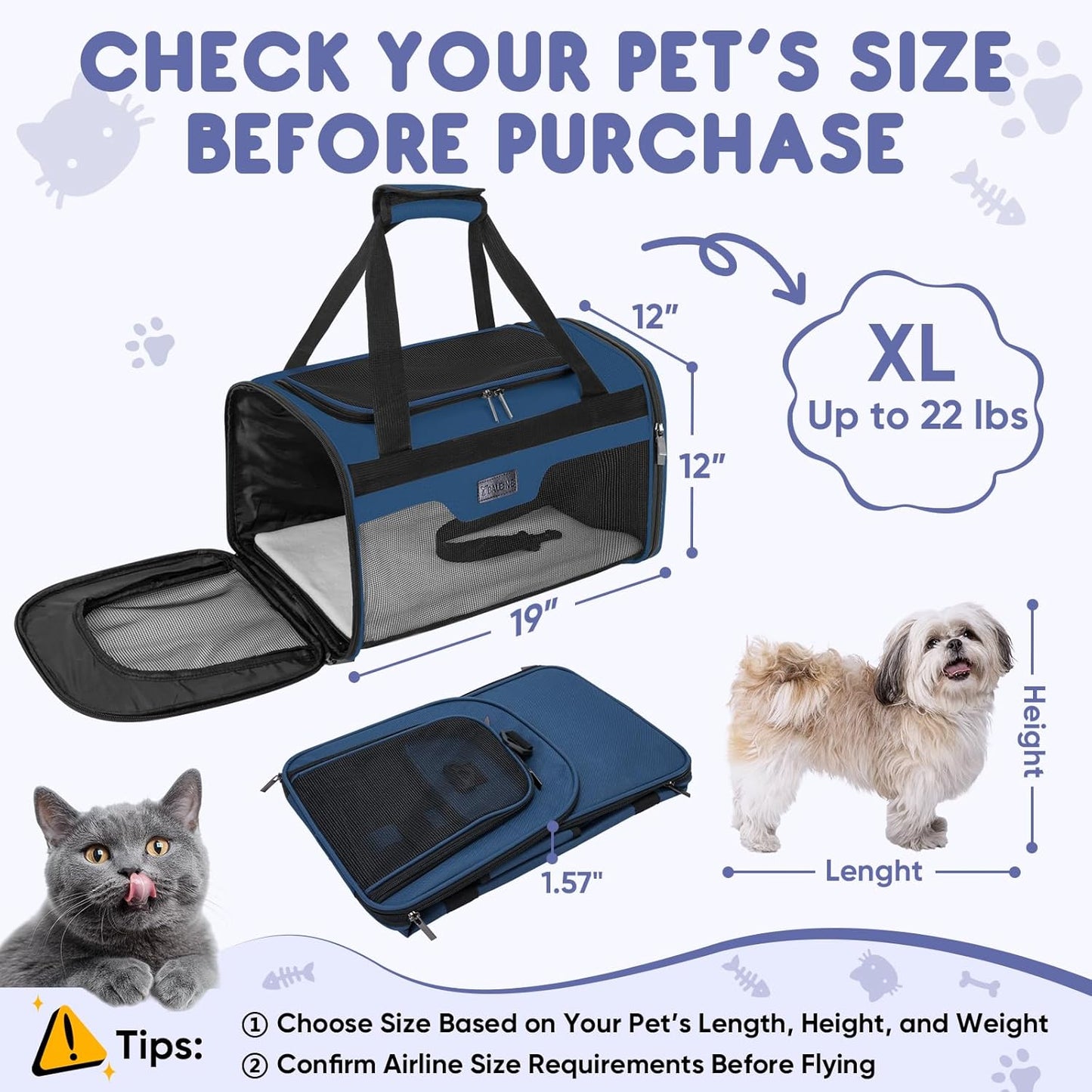 BALEINE Cat Carrier, Puppy Dog Carrier for Small Medium Pets Up to 22 Lbs, Soft-Sided Dog Travel Bag with Safety Zippers, Collapsible Pet Carrying Case (Blue, XL, 19"x12"x12")