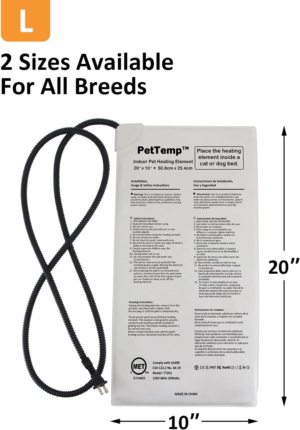 Pet Bed Warmer, Compact Heating Pad Insert for Cat Dog Beds, Turn Any Pet Bed Into a Heated Pet Sleep Pad, Waterproof Heated Mat with Chew-Resistant Cord, Safe and Warm (L:20' x 10'')