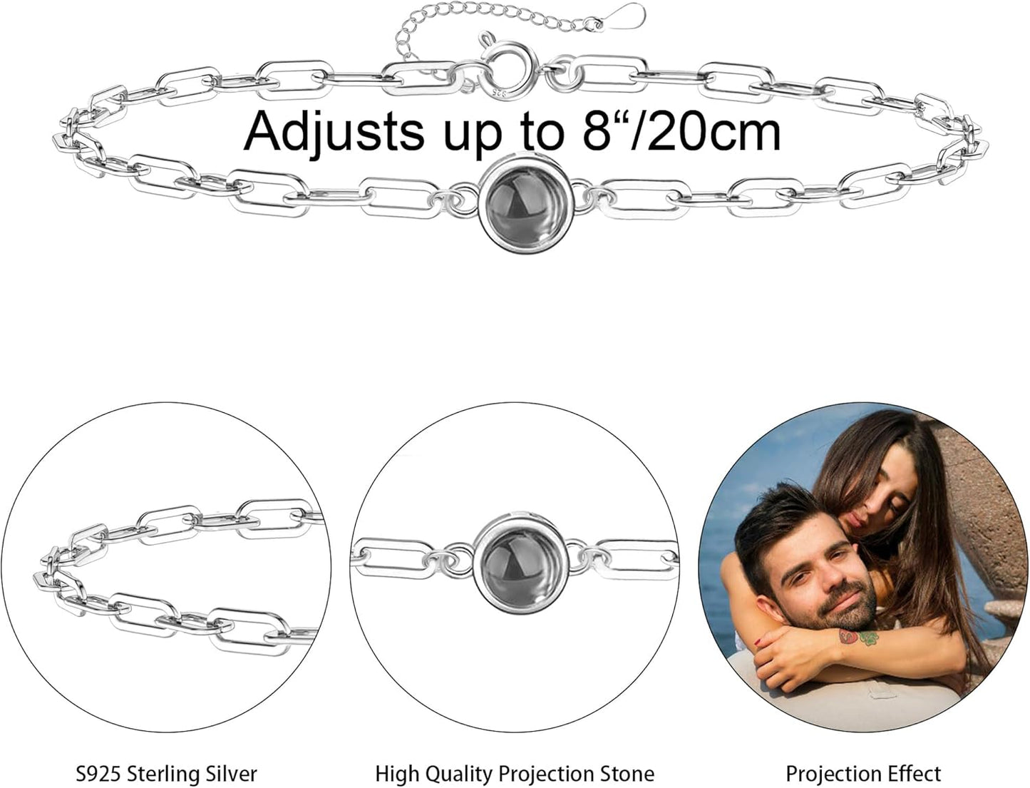 Personalized Photo Projection Bracelet 925 Sterling Silver Projection Bracelet with Picture Inside,I Love You 100 Languages Photo Round Pendant Bracelet Gifts for Women Wife Birthday Anniversary