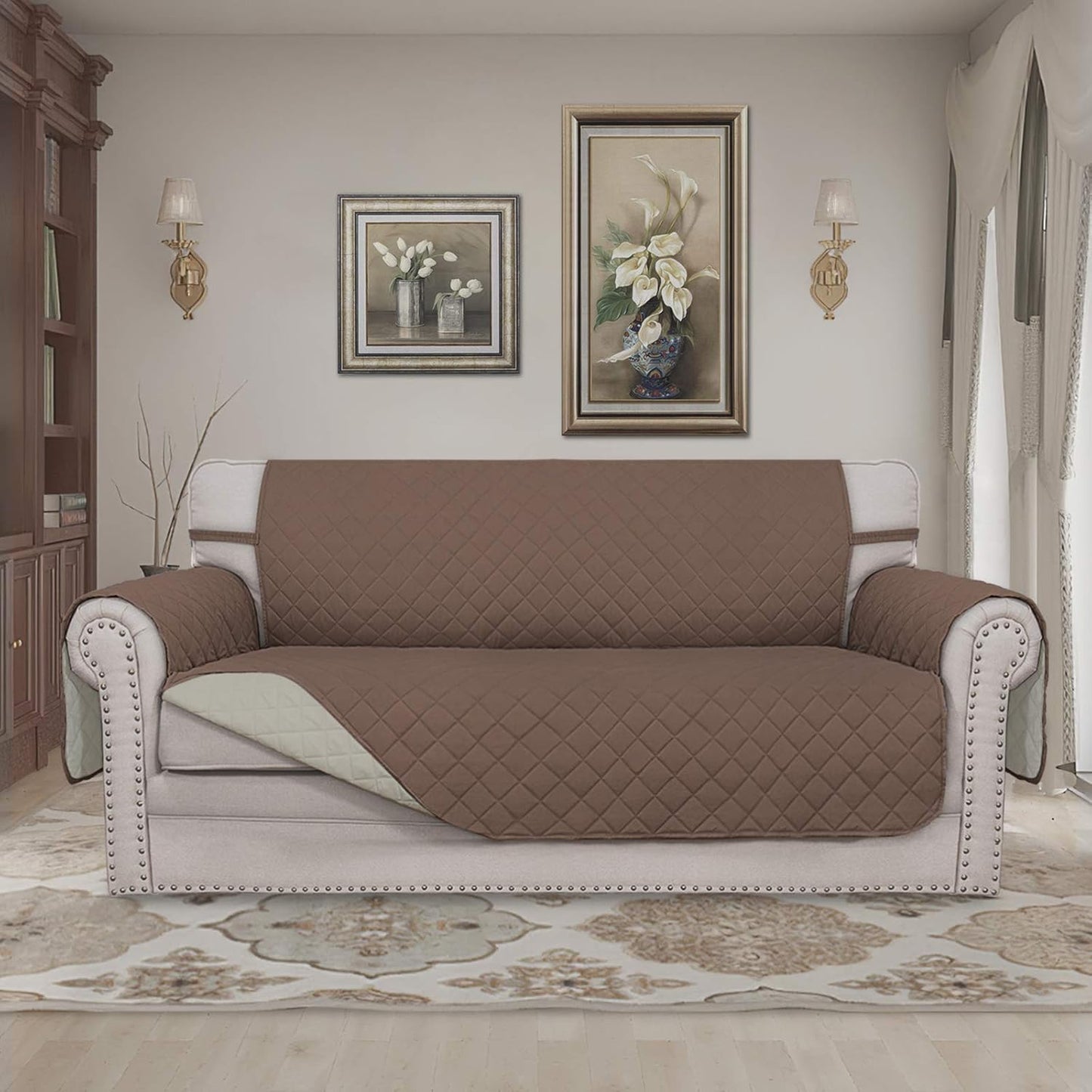 Easy-Going Sofa Slipcover Reversible Loveseat Sofa Cover Couch Cover for 2 Cushion Couch Furniture Protector with Elastic Straps for Pets Kids Dog Cat (Oversized Loveseat, Brown/Beige)