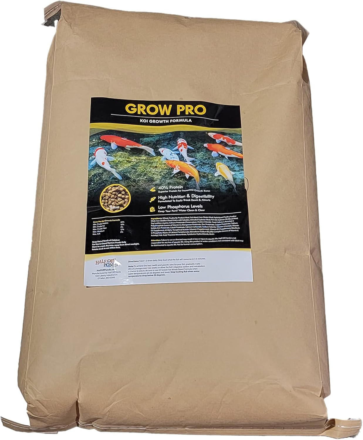 HALF OFF PONDS Grow Pro Koi and Goldfish Food with High-Protein Growth Formula 50 lb Bag - KOIGP-050