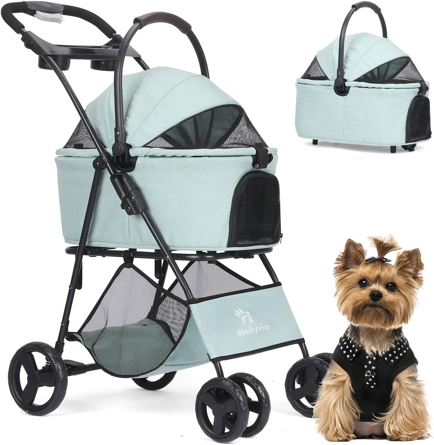 Pet Stroller, 4 Wheels Pet Strolling Cart for Medium/Small Dogs and Cats, Foldable Cat Jogger/Dog Stroller with Cup Holder, Storage Basket, Breathable Mesh, All-Season Pet Carrier (Tealblue)