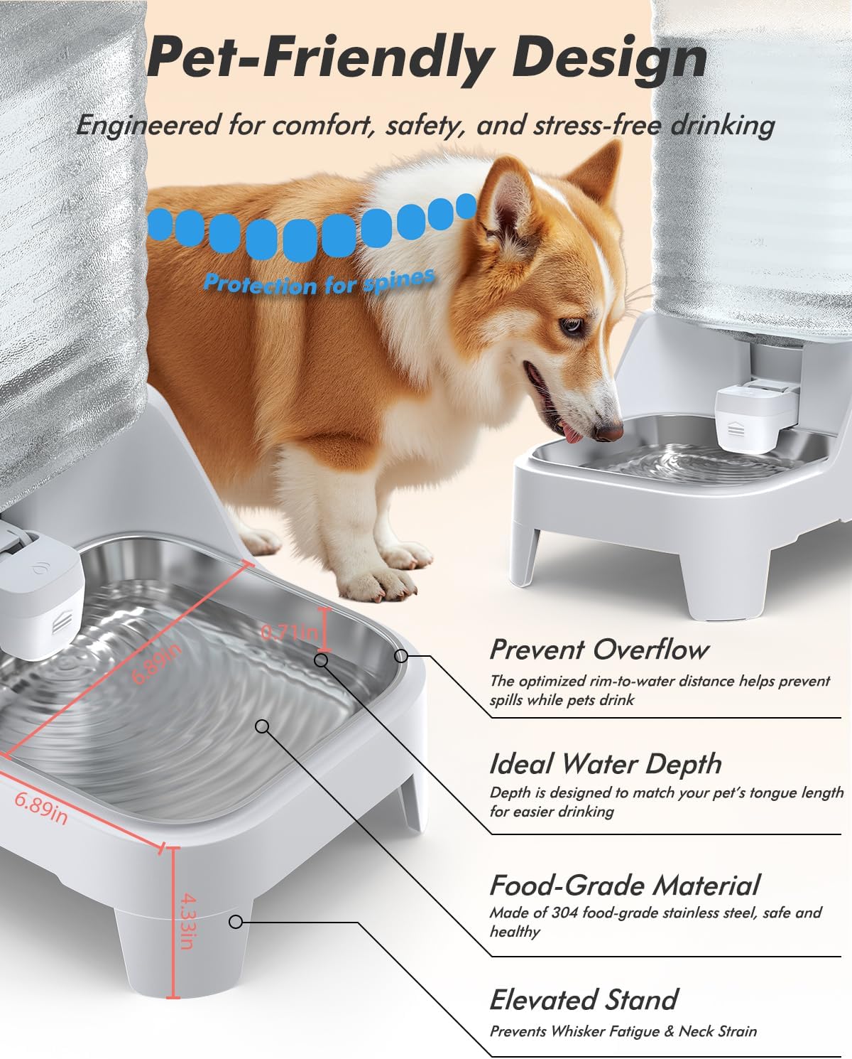 Automatic Dog Water Bowl Dispenser - 8L Gravity Cat Water Dispenser with Elevated Stainless Steel Bowl, Patented Valve, BPA-Free, Easy to Clean Pet Waterer with Filter for Small & Medium Dogs and Cats