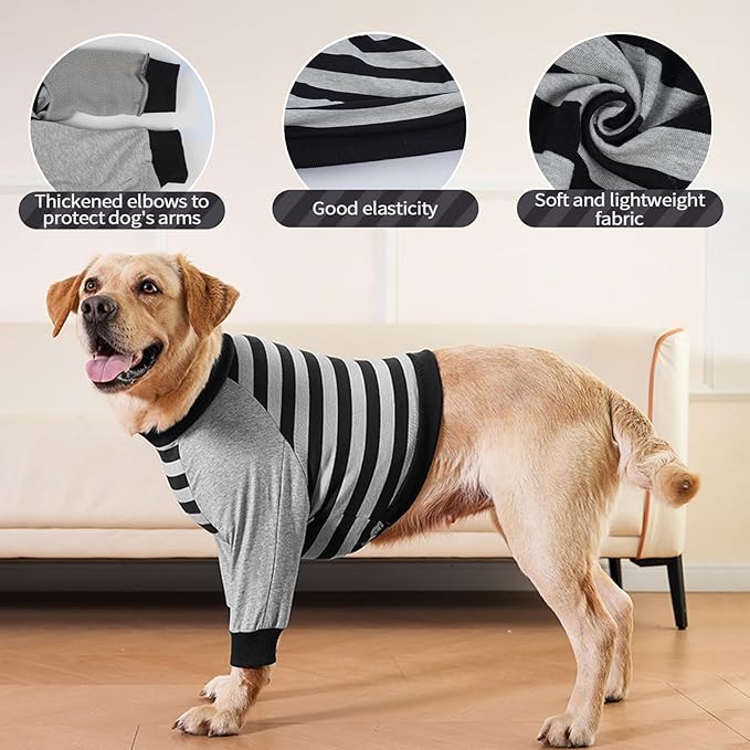 FUAMEY Dog Recovery Sleeve with Elbow Protector,Dogs Shirt Stop Licking Joints,Pet Long Sleeve Suit Protecting Dog's Front Leg Arm Wounds Cover Skin Conditions Black Stripes 3XL