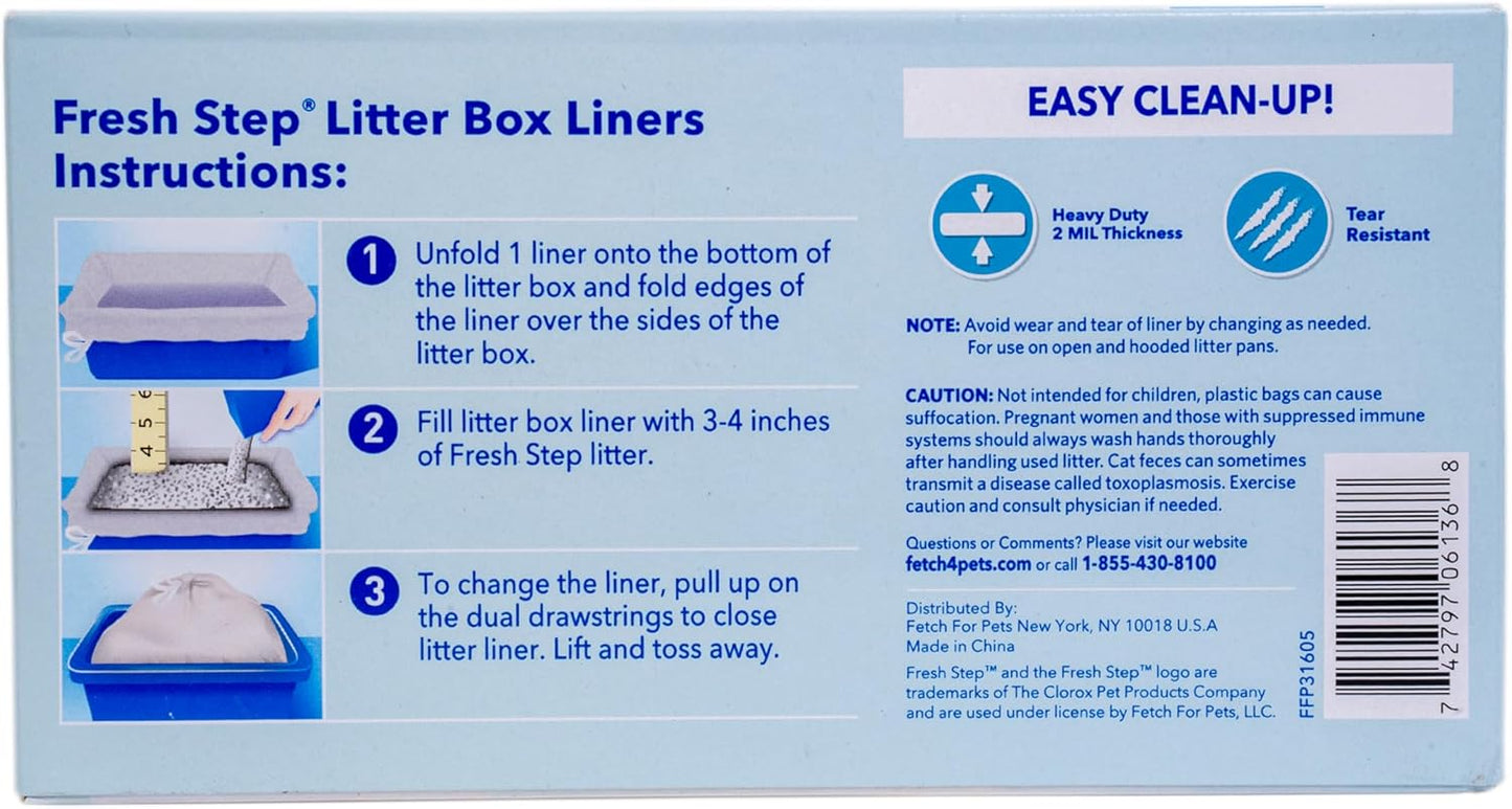 Fresh Step Drawstring Cat Litter Box Liners, Unscented - Kitty Litter Bags for Rectangle or Oval Large Litterboxes, Size Large, 30" x 17" - 15 Count - 12 Pack