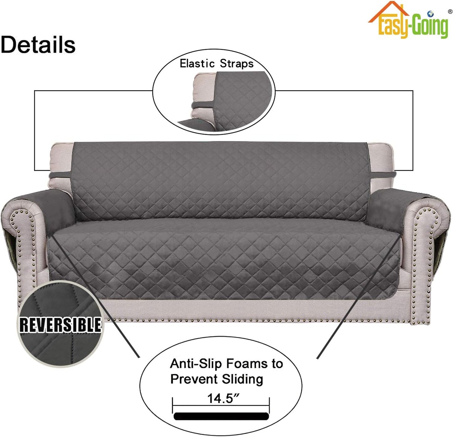 Easy-Going Reversible Loveseat Couch Cover for 2 Cushion Couch Sofa Cover for Dogs Water Resistant Furniture Protector with Foam Sticks Elastic Straps for Pet (Loveseat, Gray/Gray)