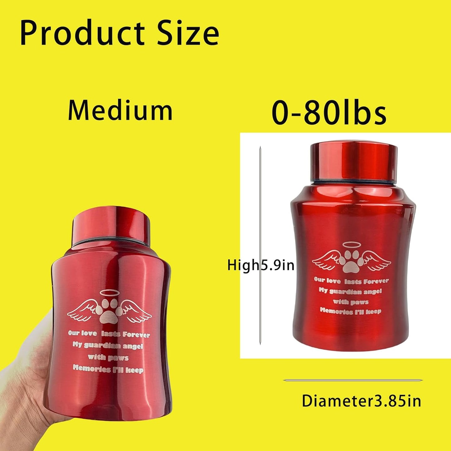 Medium Red Pet Cremation Urn – Aluminum Alloy Urn for Dog or Cat Ashes with Paw & Wings Design – Secure Screw Lid – Fits Pets up to 80 lbs – Memorial Ashes Container