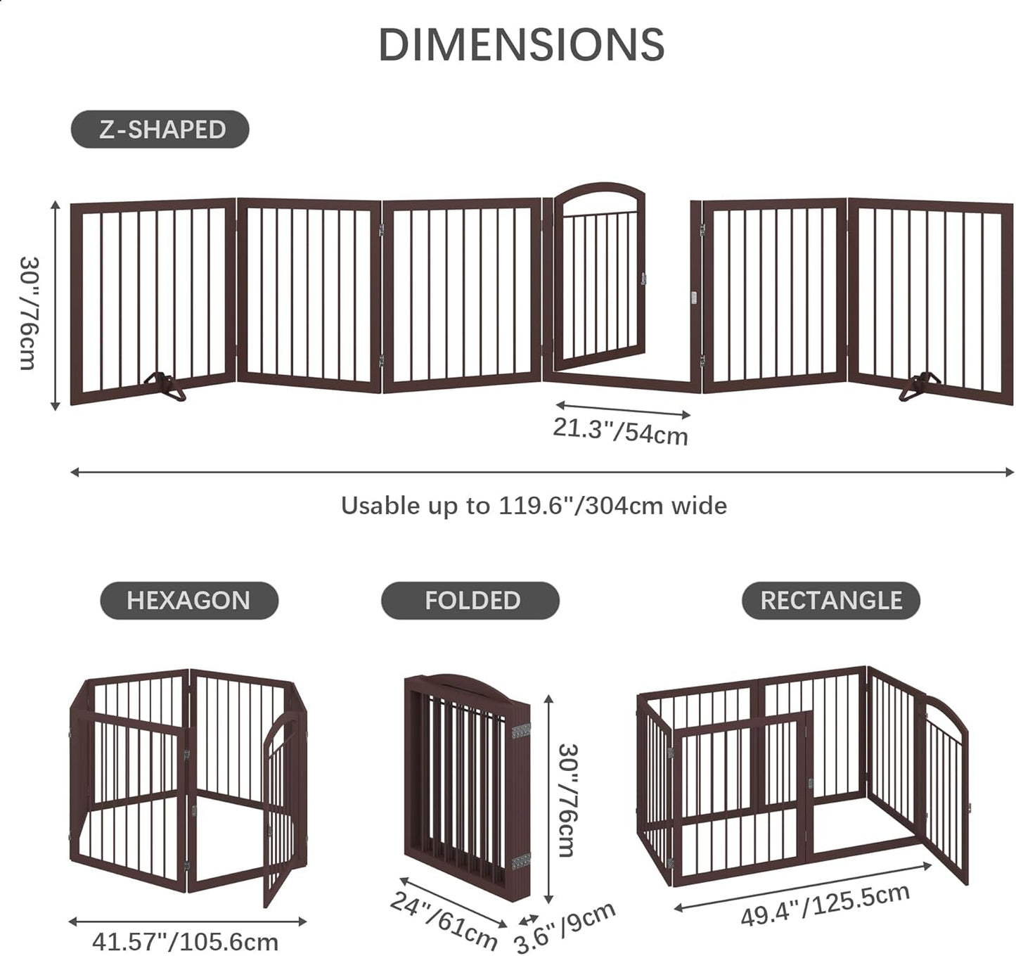 JSB 144-inch Extra Wide 30-inch Tall Dog gate with Door Walk Through, Freestanding Round Tube Pet Gate for Halls Stairs, Puppy Safety Dog Fence with 2PCS Support Feet (Espresso)