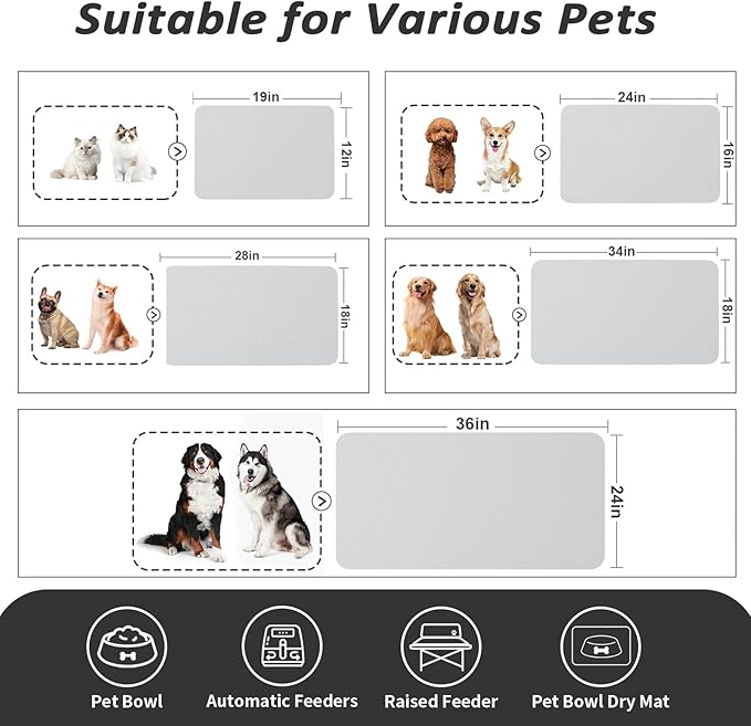 Pet Feeding Mat - Absorbent Dog Mat for Food and Water, No Stains Cat Bowl Mat, Easy to Clean Pet Placemats, Quick Dry Dog Water Dispenser Mat for Messy Drinkers | Light Grey 12"x 19"