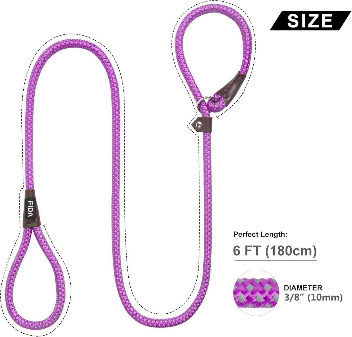 Fida Durable Slip Lead Dog Leash, 6 FT x 3/8" Heavy Duty Comfortable Strong Rope Slip Lead for Small Dogs and Puppies, No Pull Pet Training Leash with Highly Reflective(3/8", Purple)