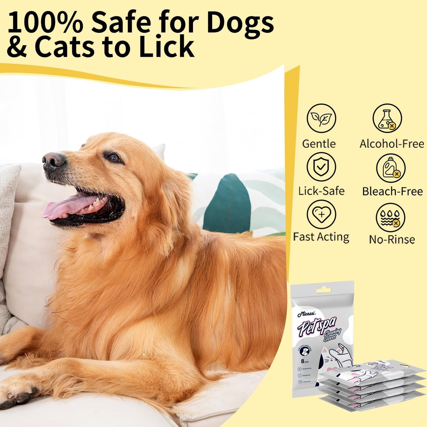 MIOSSZI Pet Gloves Wipes for Dogs & Cats Wipes Cleaning Deodorizing Hypoallergenic No-Rinse Pet Grooming Wipes Unscented Extra Thick Bathing Wipes for Pet Dry Cleaning Daily Care and Travel 8 pcs