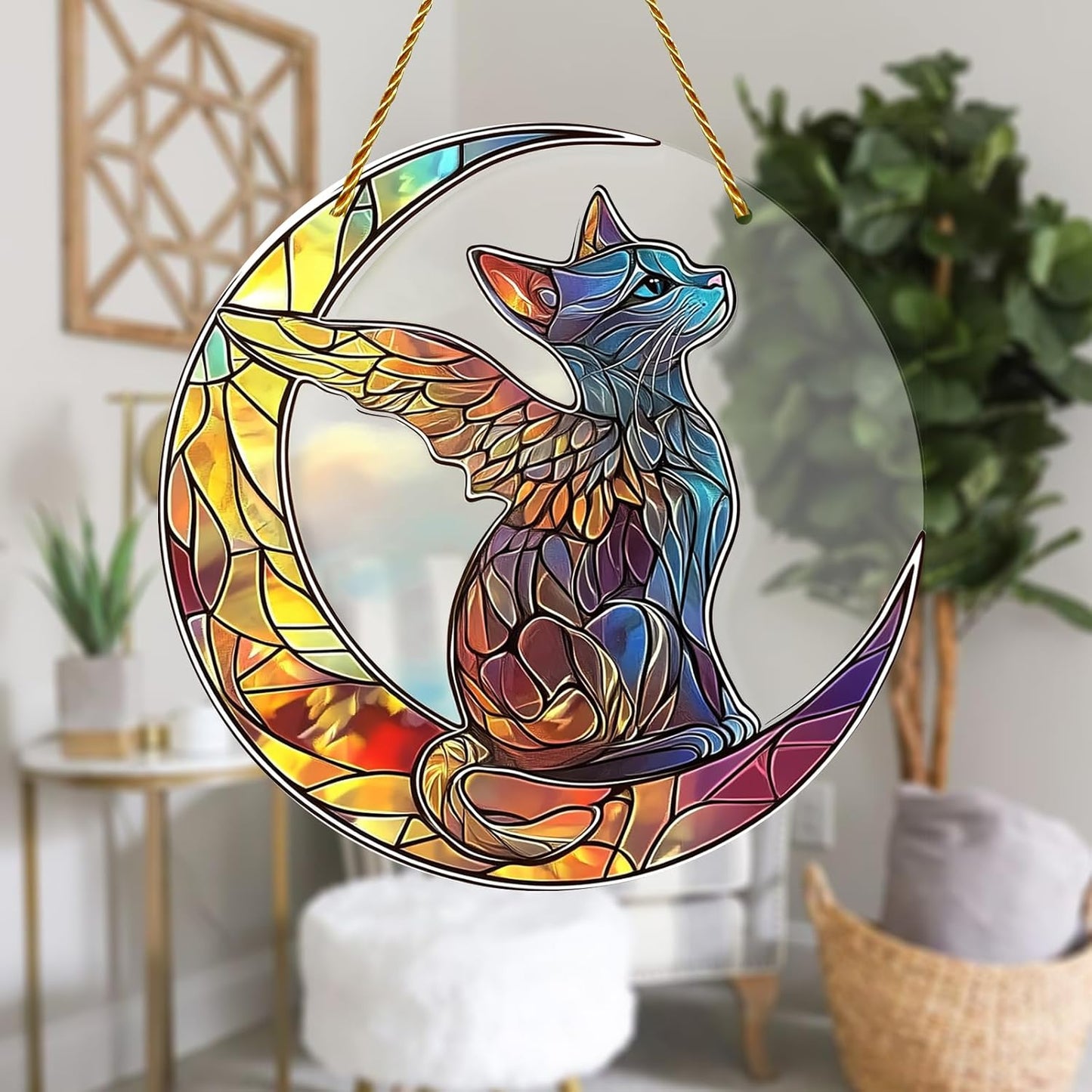 8x8 inch Charming Cat Angel Acrylic Stained Glass Window Hanging Sun Catcher Decor Stained Panel Hangings Wall Art Decor, for Friends and Family (Cat Angel)