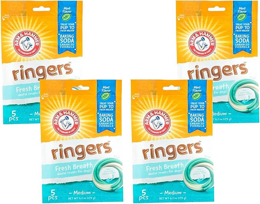 Arm & Hammer for Pets Ringers Dental Treats for Dogs Dental Chews Fight Bad Dog Breath, Plaque & Tartar Without Brushing Fresh Mint Flavor, 4 Pack Dog Chews (Pack of 4, 20 Count Total)