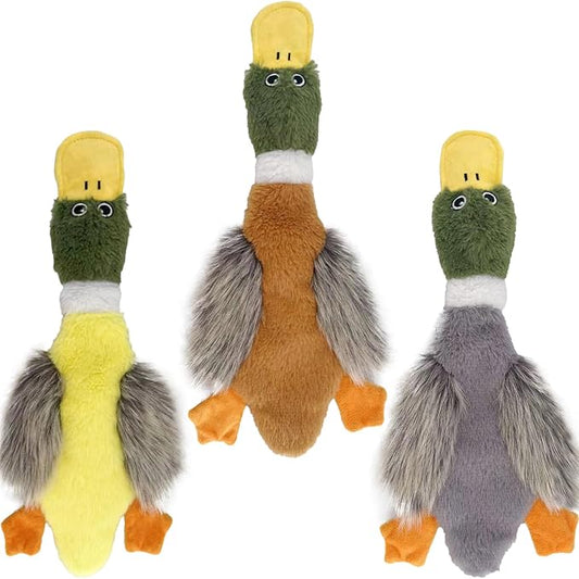 No Stuffing Toys 3 Pack, Squeaky Dog Toys for Large Dogs, Plush Toys for Aggressive Chewers, Indestructible Crinkle Paper Duck Dog Toy, Puppy Chew Toys for Teething (Soft Plush)