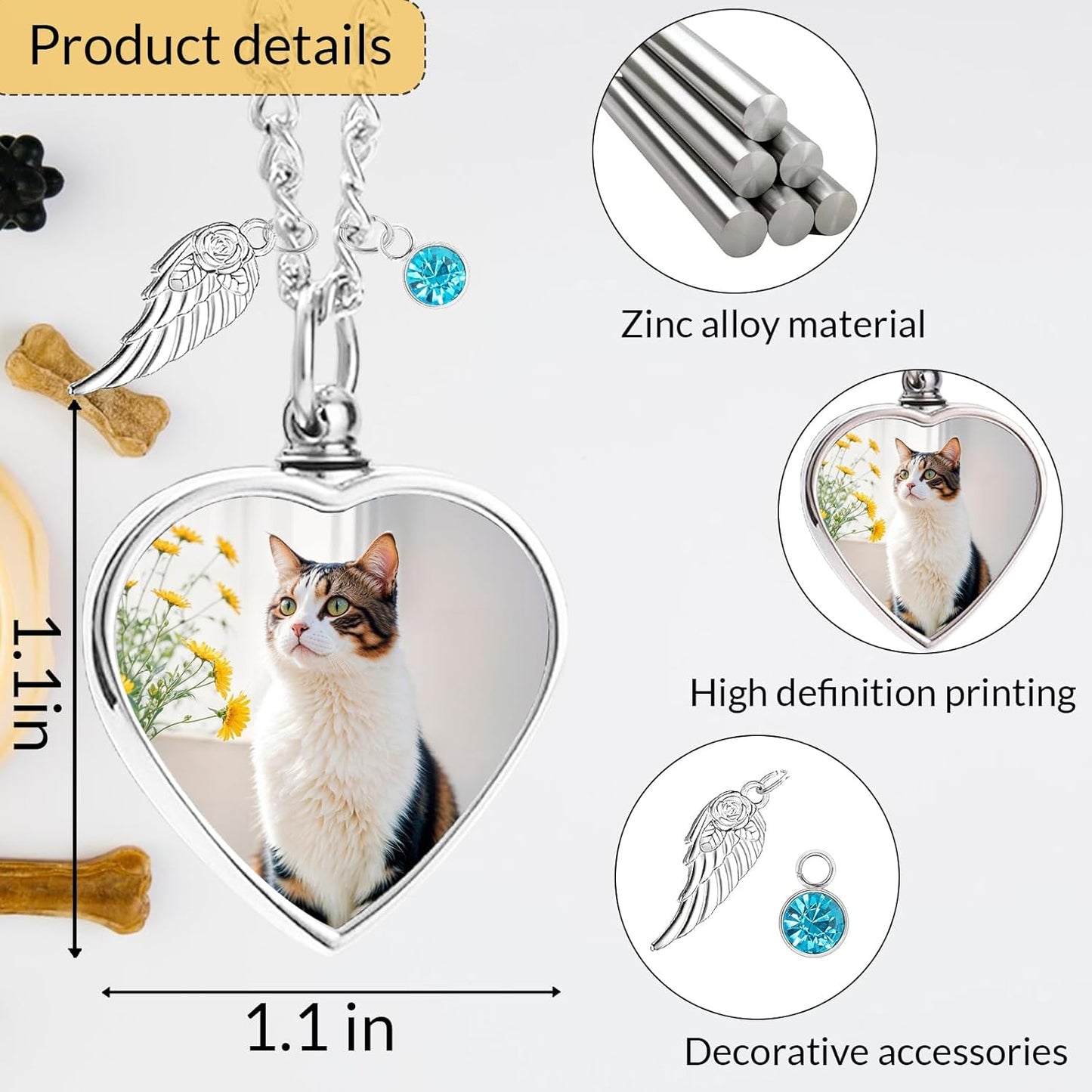 Personalized Pet Ashes Necklace for Dog Cat Custom Engraving Photo Text Urn Keepsake Pendant Necklace Customize Cremation Jewelry with Angel Wing Birthstone for Dog Lover (06)