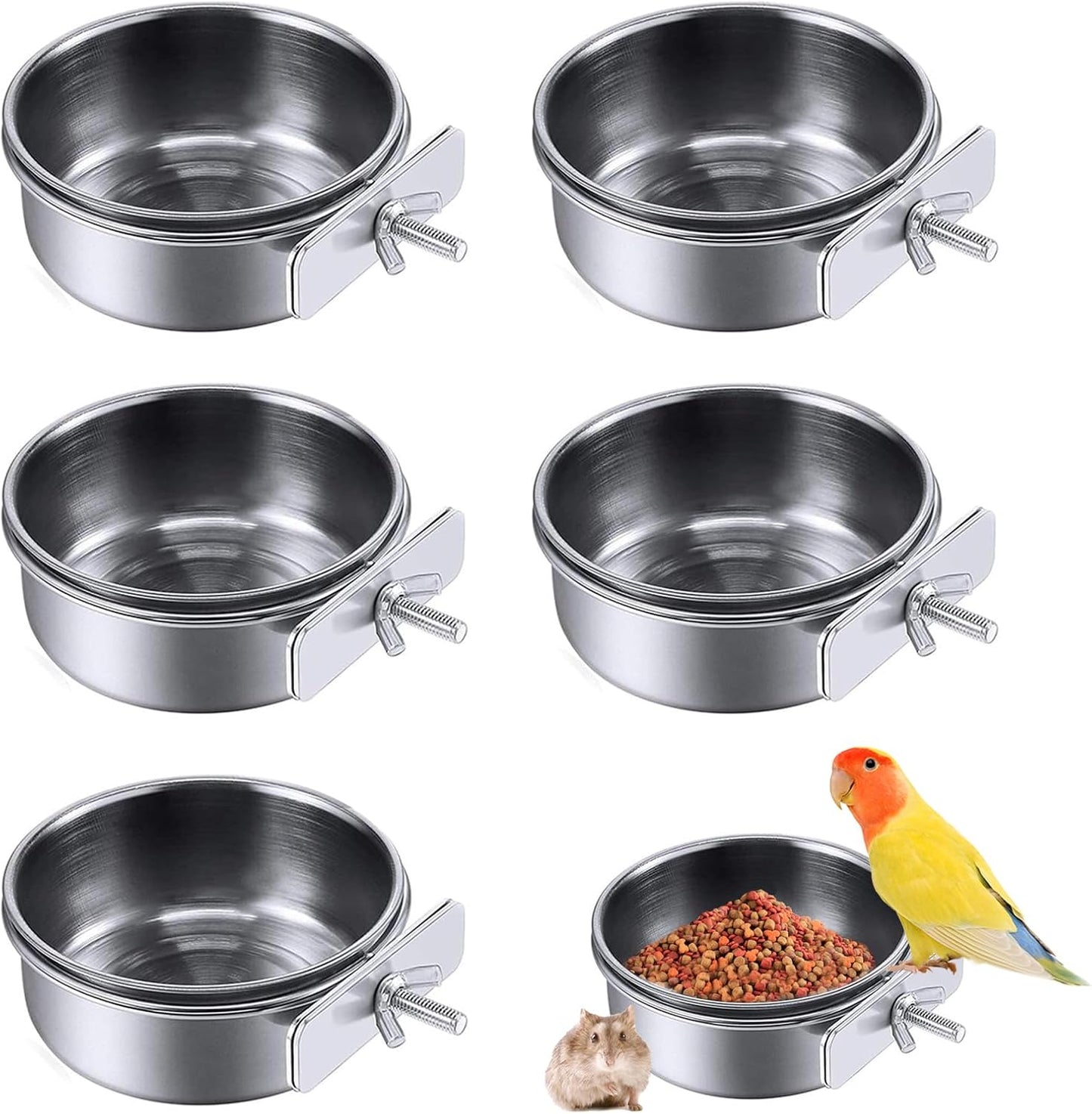 PINVNBY Parrot Feeding Cups Birds Food Dish Stainless Steel Parrot Feeders Water Cage Bowls with Clamp Holder for Cockatiel Conure Budgies Parakeet Parrot Macaw Small Animal Chinchilla Pack of 6