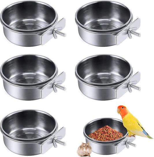 PINVNBY Parrot Feeding Cups Birds Food Dish Stainless Steel Parrot Feeders Water Cage Bowls with Clamp Holder for Cockatiel Conure Budgies Parakeet Parrot Macaw Small Animal Chinchilla Pack of 6