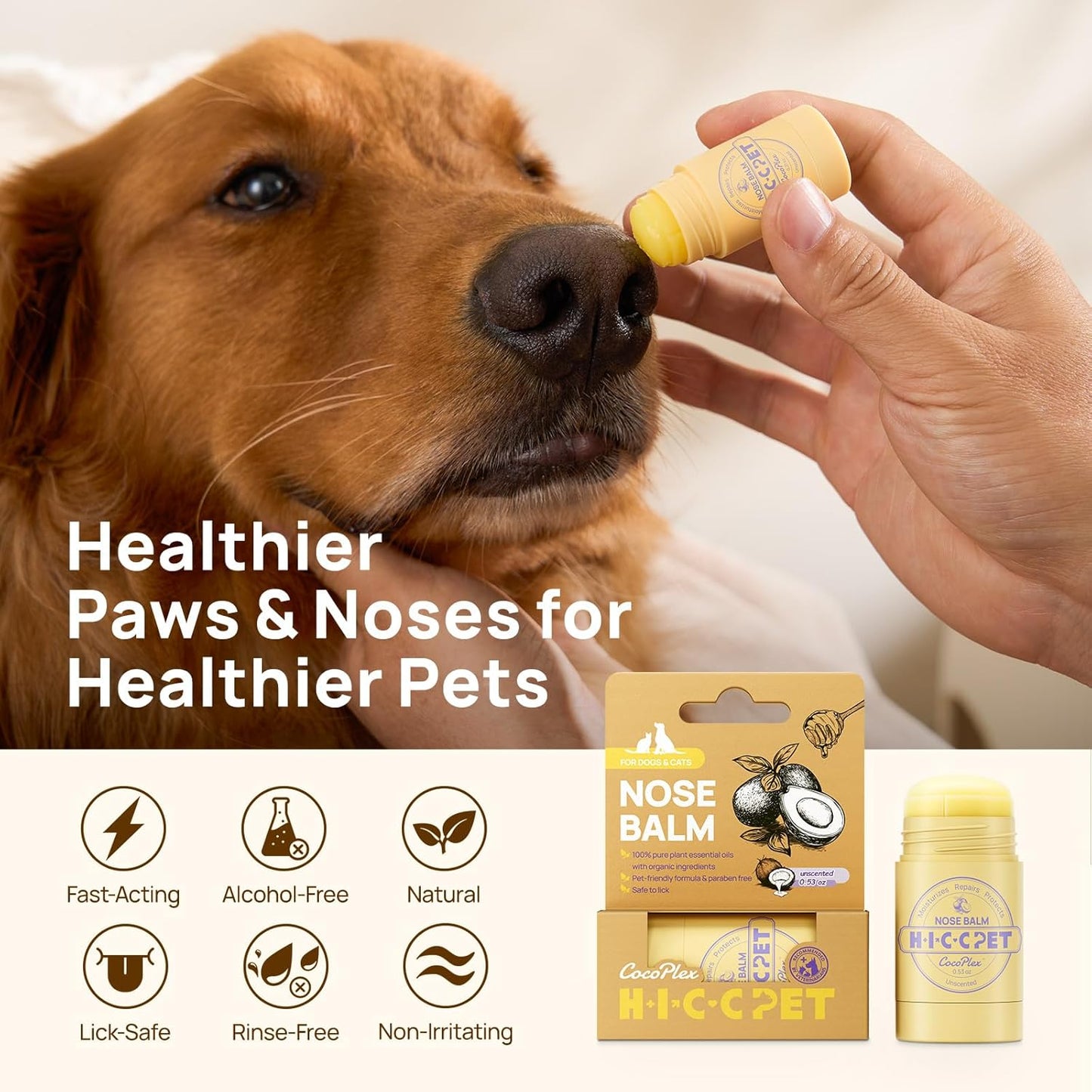 HICC PET Paw & Nose Balm for Dogs and Cats, Vet-Recommended Moisturizes, Repairs, and Soothes Dry, Cracked Nose & Paws, All-Natural Dog Elbow Butter with Fermented Coconut Oil for Daily Care, 0.21oz