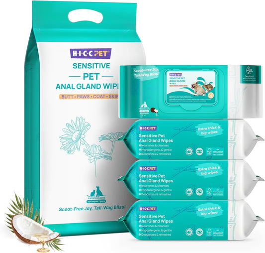 HICC PET Wipes for Dogs & Cats, Vet Recommended Cleansing Deodorizing & Soothing Allergy Infections Anal Gland Wipes with Coconut Oil, Dog Wipes for Cleaning Butt Paw, Remove Small Animal Coat Stain
