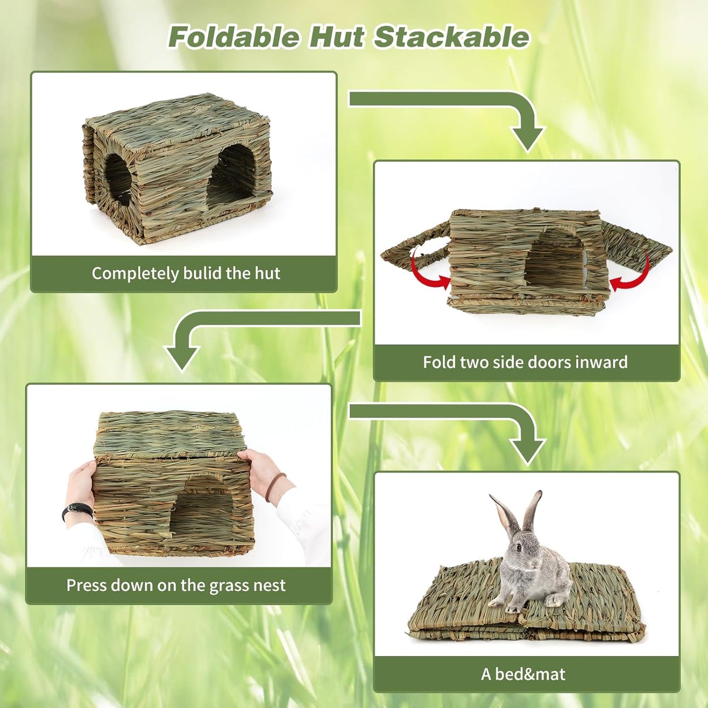 BWOGUE Bunny Grass House Natural Seagrass Bed Hideaway Toy Rabbit Hideout Hay Mat Chew Toys Guinea Pig Comfortable Hut for Bunny Hamster Chinchilla Small Animals