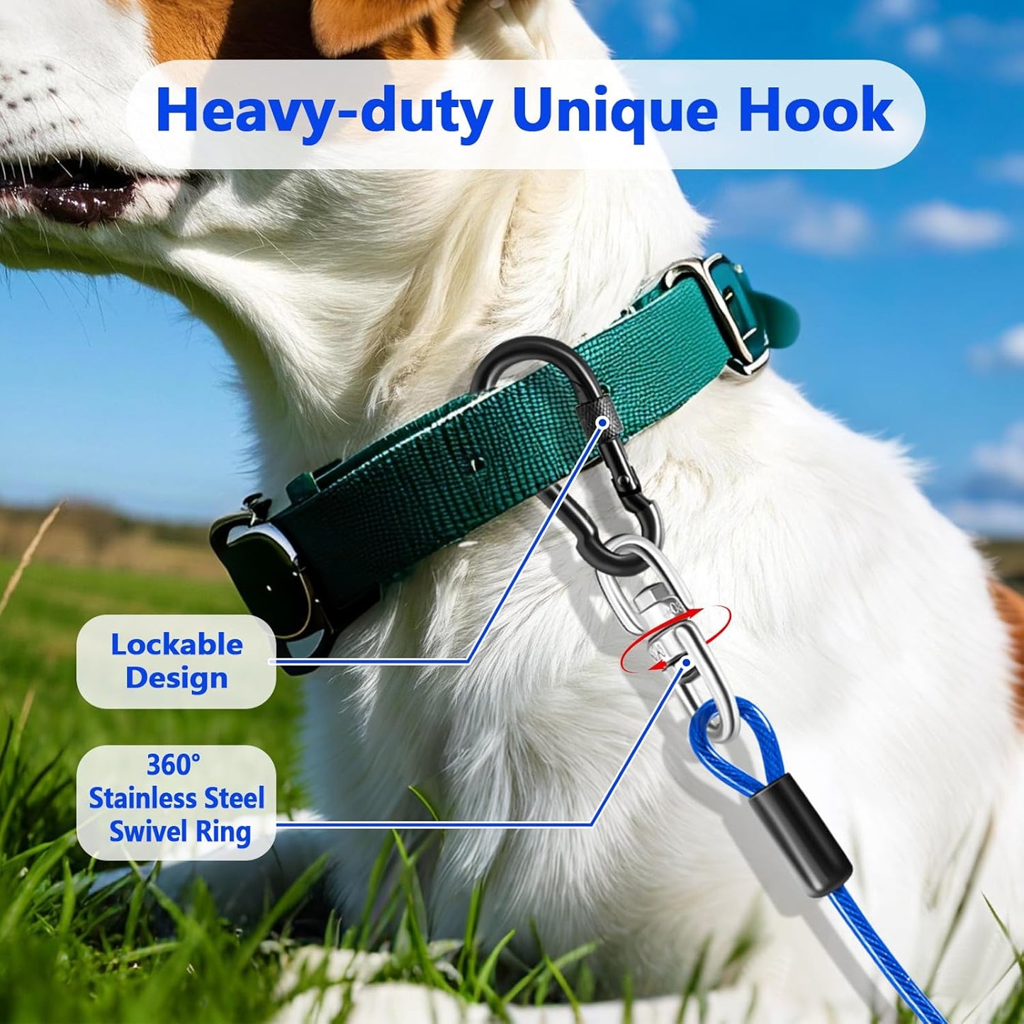 Heavy Duty Dog Tie Out Cable and Stake,16FT Rust Proof Dog Leads Tether for Yard with Swivel Hook,360°Swivel Spiral Dog Stake&Chain Up to 200 lbs,Removable Ground Anchor for Outdoor Beach Camping