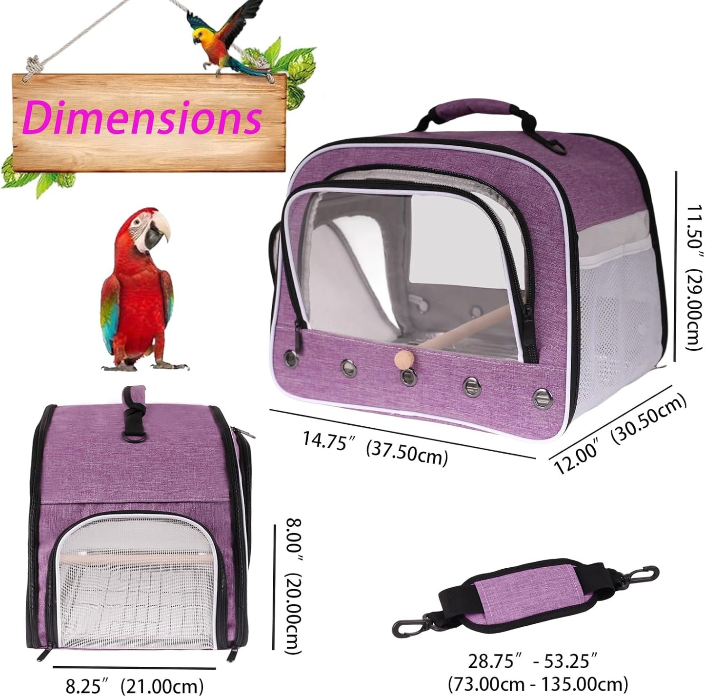 Bird Travel Carrier Cage for Large Size Parrot, Portable Bag with Metal Tray and Grid to Carry and Transport Medium and Large Birds Like African Grey, Long Tail Cockatiel and Parrot