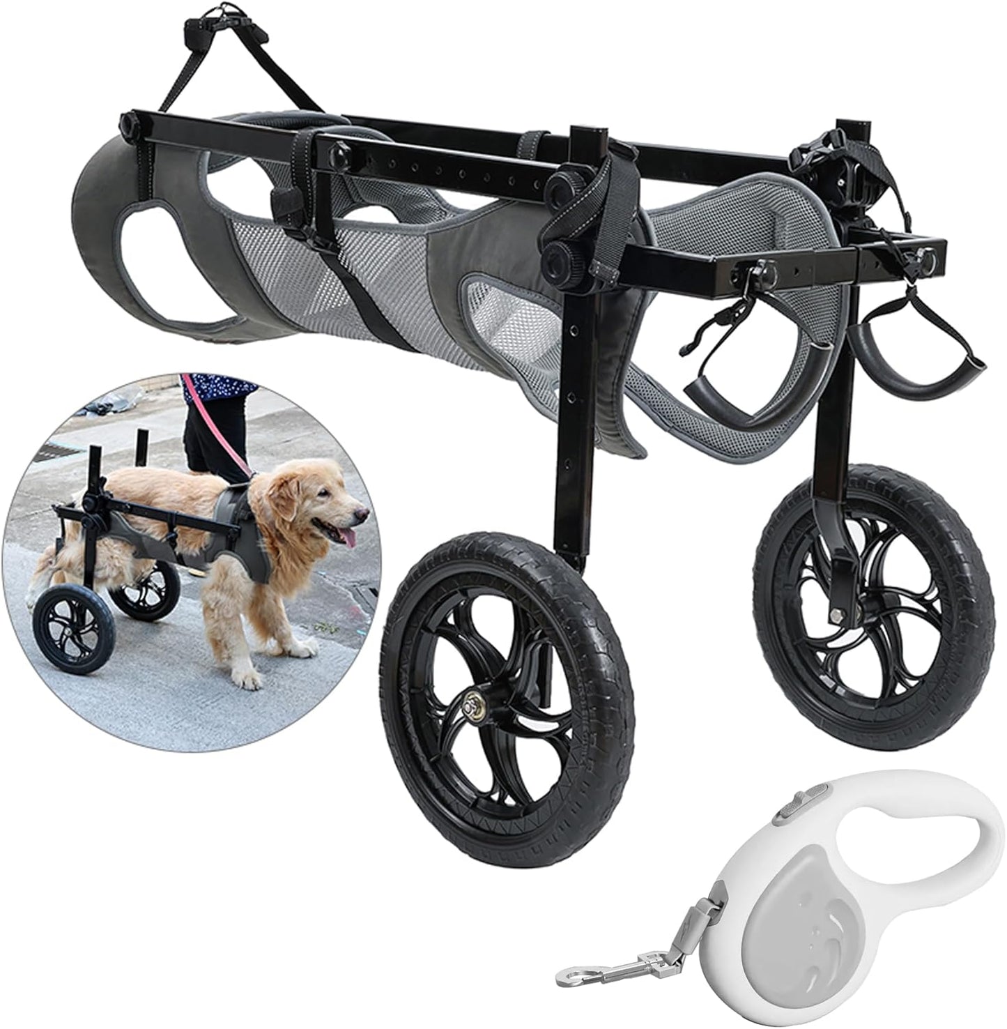 Large Dog Wheelchair for Back Legs with Pet Traction Rope - Adjustable Hind Leg Support Cart with Breathable Air Mesh Harness, All-Terrain Wheels & Foldable Frame - Mobility Aid for Disabled/Injured