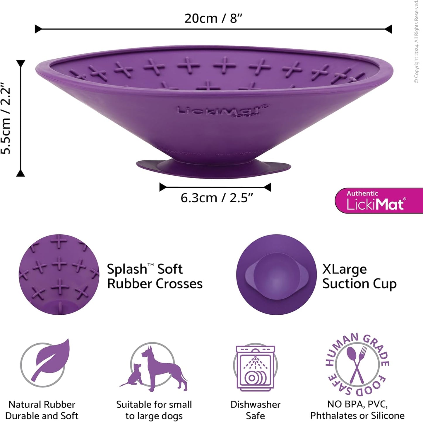LickiMat Splash, Dog Slow Feeder Bowl Lick Mat, Boredom Anxiety Reducer, Sticks to Smooth Surface; Perfect for Food, Treats, Yogurt, or Peanut Butter. Fun Alternative to a Slow Feed Dog Bowl, Purple