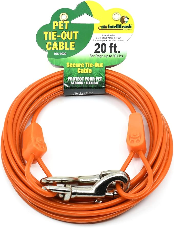 20FT Tie-Out Cables for Dogs - Strong, Safe, and Durable Dog Tie-Outs for Small Dogs up to 90 Pounds - Weather and Wear Resistant Galvanized Aircraft Cable for Outside Use