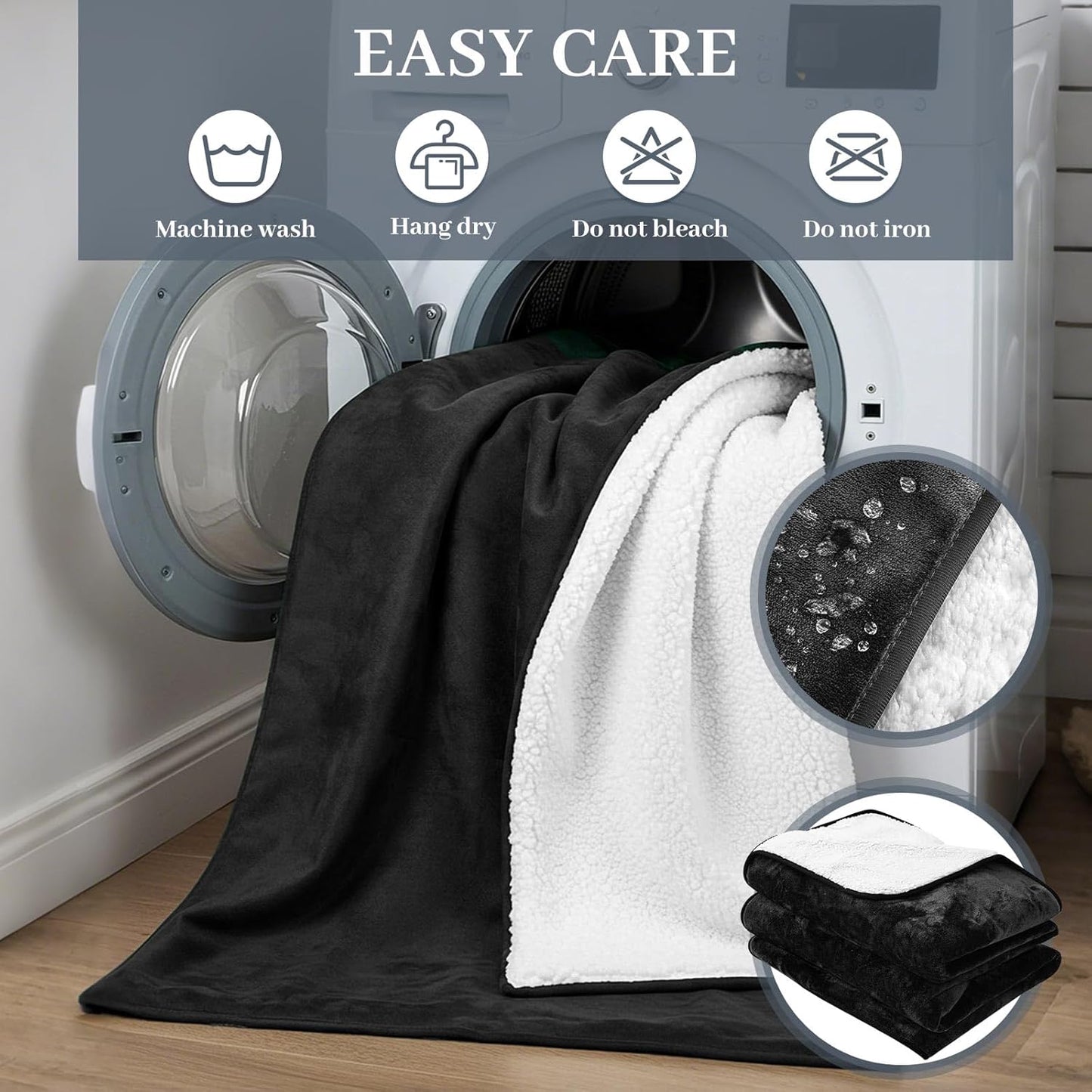 Love Black Waterproof Bed Blanket, Throw Size 50'' x 60'' Double Side Leakproof Reversible Sherpa Flannel Fleece 3 Layer Lightweight Blanket, Absorbs 33oz