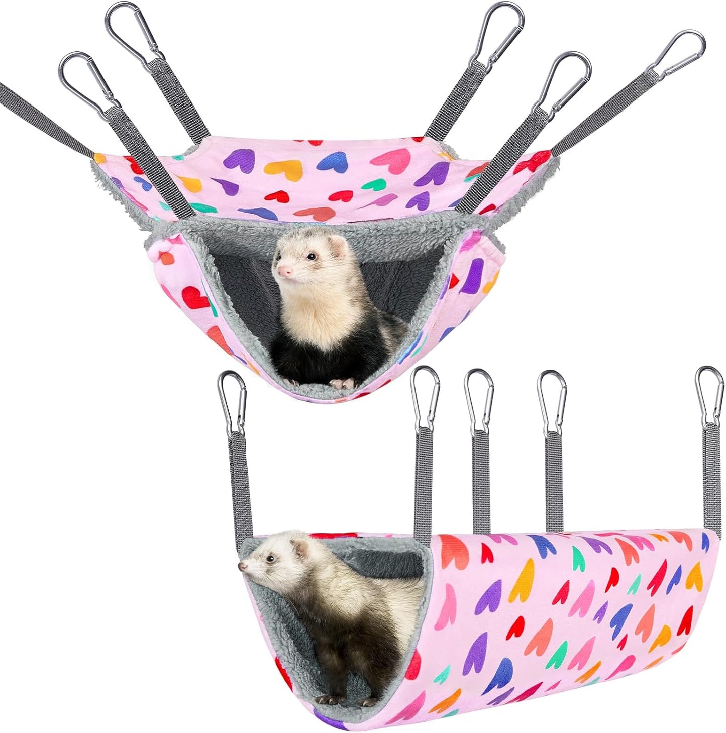 Bienbee 2 Pcs Ferret Rat Hammock Set for Cage Washable Guinea Pig Hideout Bed Soft Small Animal Hammock Tunnel Toys Ferret Cage Accessories for Hedgehog Sugar Glider Squirrel Hamster, Pink Hearts