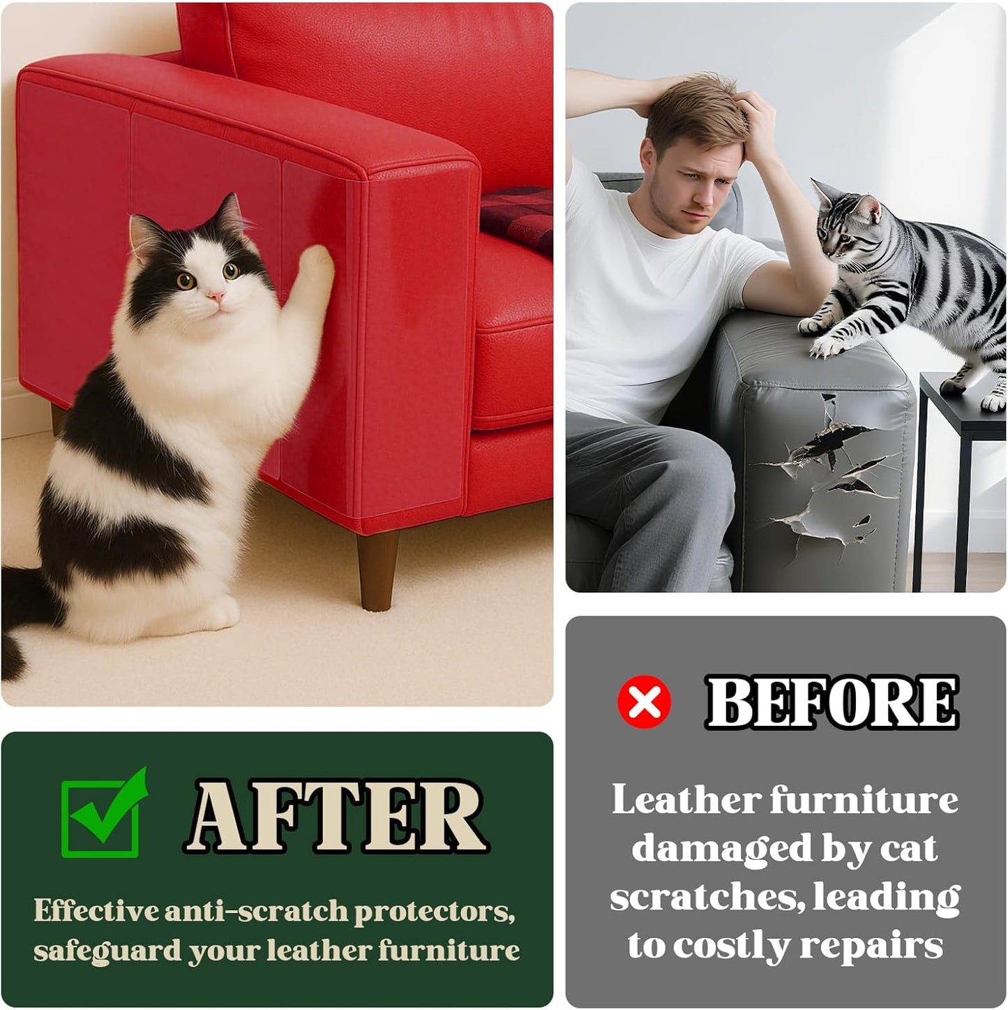 Anti Cat Scratch Furniture Protector for Leather Furniture,18 Pcs Self-Adhesive Cuttable Couch Protector from Cat Claws, Easy to Apply and Remove,No Pins