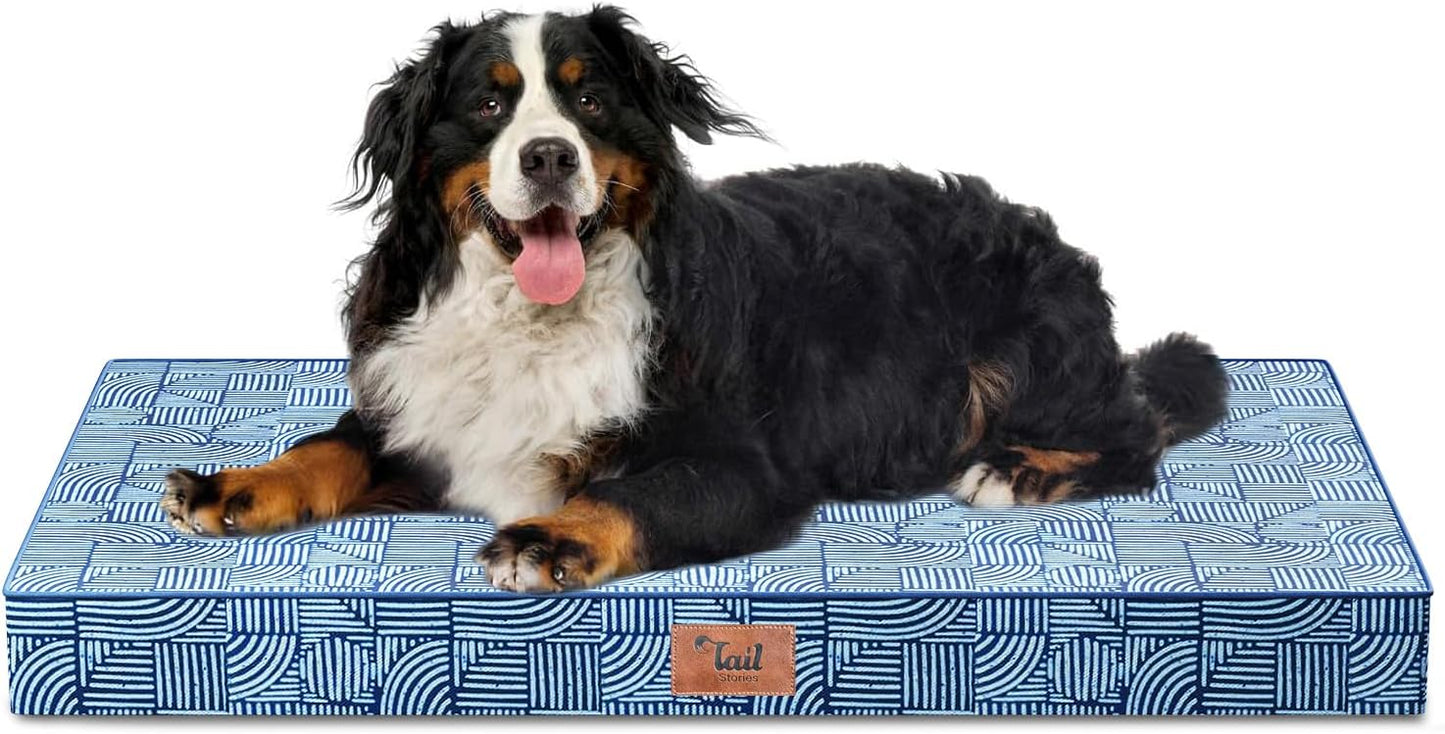 Outdoor Extra Large Dog Crate Bed, Big Waterproof Dog Bed for Large Dogs, Orthopedic Egg Foam XXL Pet Mat with Removable Cooling Cover, White Blue