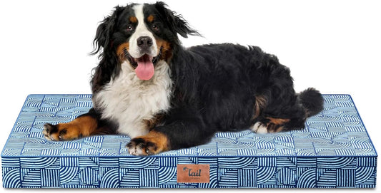 Outdoor Extra Large Dog Crate Bed, Big Waterproof Dog Bed for Large Dogs, Orthopedic Egg Foam XXL Pet Mat with Removable Cooling Cover, White Blue