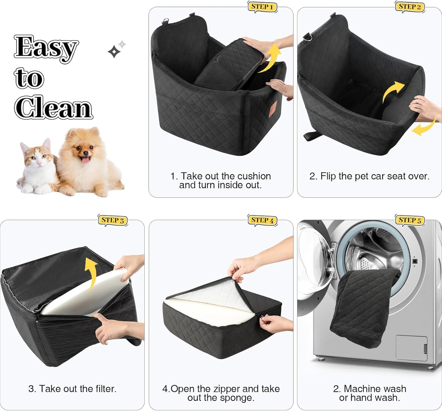 Small Dog Car Seat, Memory Foam Dog Booster Car Seats with Thick Cushion for Medium Dogs Under 35lbs, Detachable Washable Pet Seat with Storage Pockets,2 Safety Belts (Black, Medium)