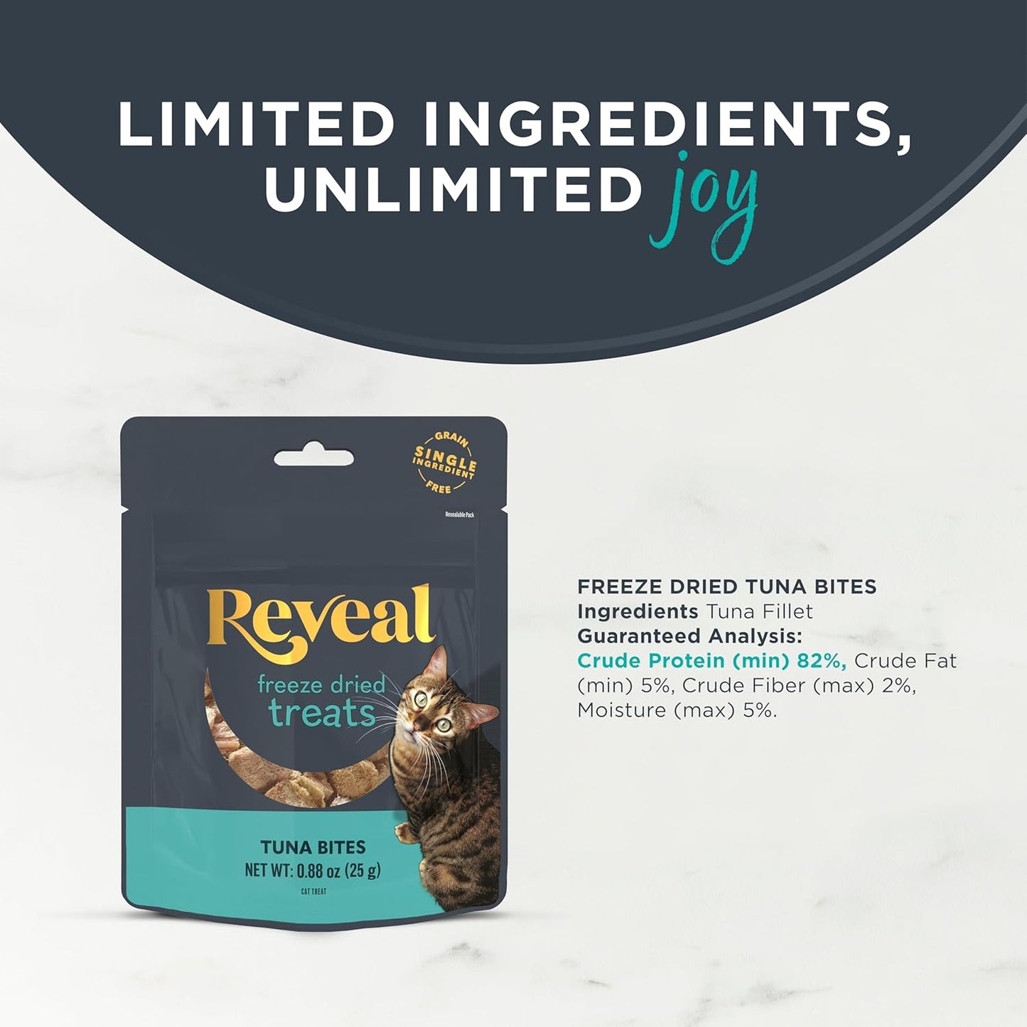 Reveal Natural Freeze-Dried Cat Treats, Single Ingredient, Grain Free, High Protein, Perfect for Training, Treating or Snacking, Tuna Fillet Bites (8 x 0.88 oz Bags)