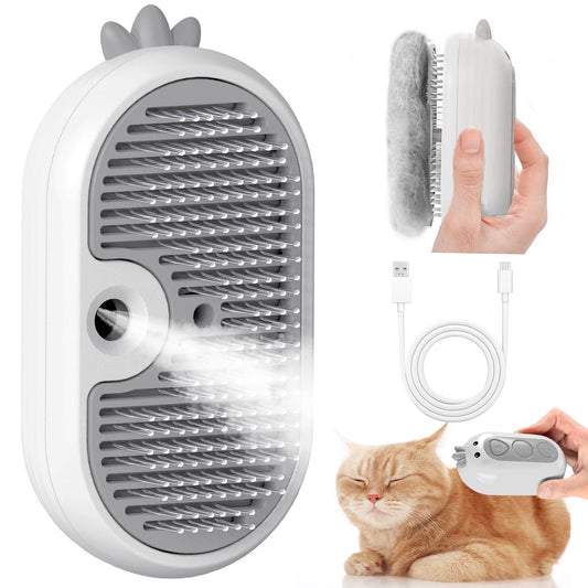 Cat Steam Brush with Release Button, 3 in 1 Rechargeable Pet Spray Water Comb for Long & Short Hair Removal, Self Cleaning Slicker Vapor Brush for Indoor Cats Dogs Rabbits Shedding Grooming