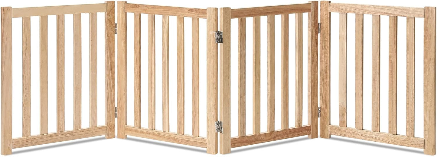 LZRS 4-Panel Wooden Free Standing Foldable Dog Gate Indoor – 24" High, Extra Wide Step-Over Safety Pet Gate for Doorways, Stairs, Hallways, Large Spaces & Playpen for Puppies Indoor Use, Natural