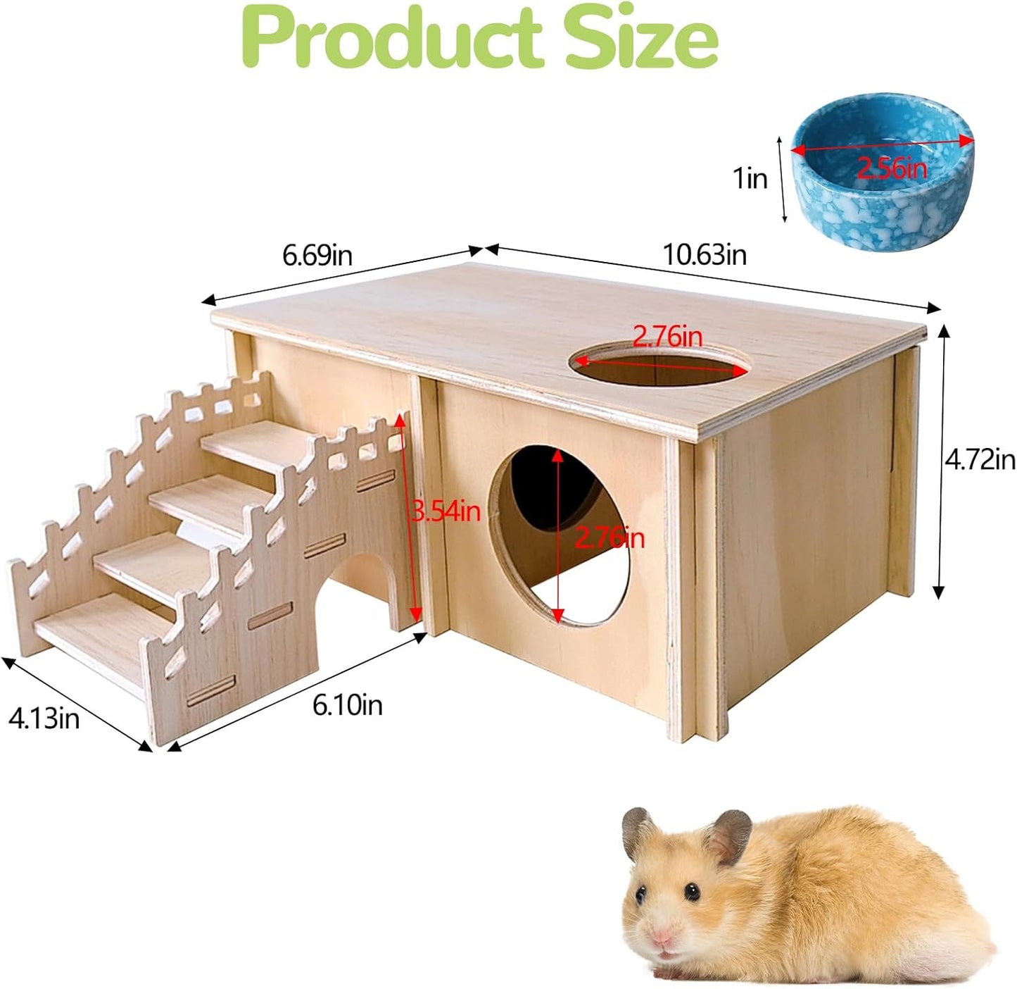 Wooden Hamster Hideout,Hamster House with Ceramic Bowl & Ladder,Small Pets Multi-Chamber Explore Hide Hut Habitats Decor Accessories for Rat,Gerbils, Dwarf Hamsters, Mice
